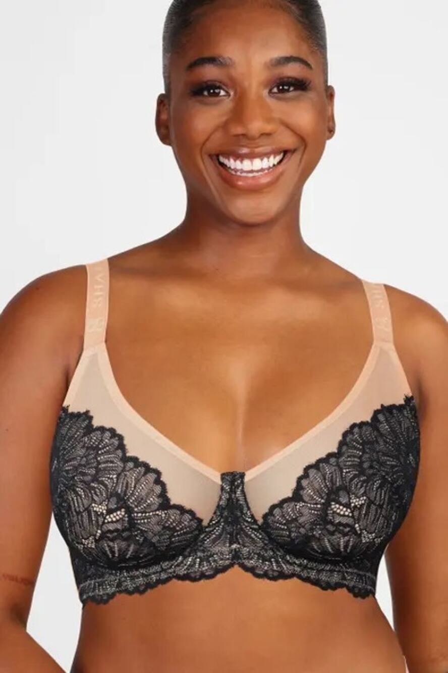 SHAPELLX Lace Underwire Support Bra Beige Black 38DD Sheer Mesh